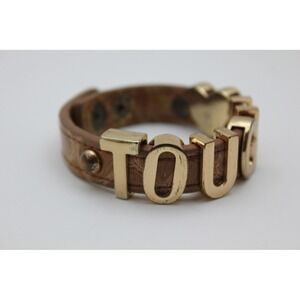 BCBG Generation Tough Tan Croc Embossed Leather Cuff Bracelet Gold Heart Studded